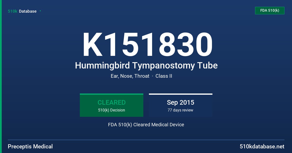 K151830 Hummingbird Tympanostomy Tube FDA 510(k) Cleared Medical Device