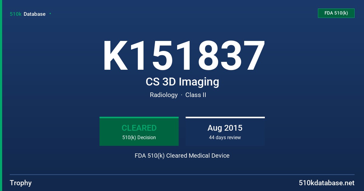 K151837 CS 3D Imaging FDA 510(k) Cleared Medical Device