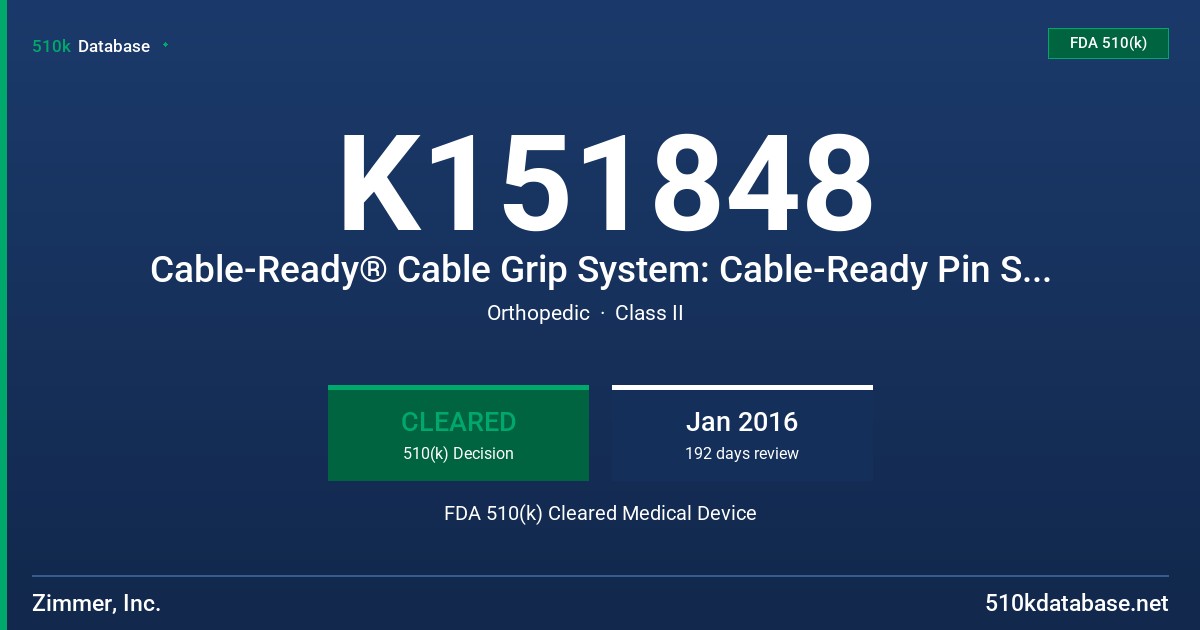K151848 Cable-Ready® Cable Grip System: Cable-Ready Pin System, Cable-Ready Needle System FDA 510(k) Cleared Medical Device