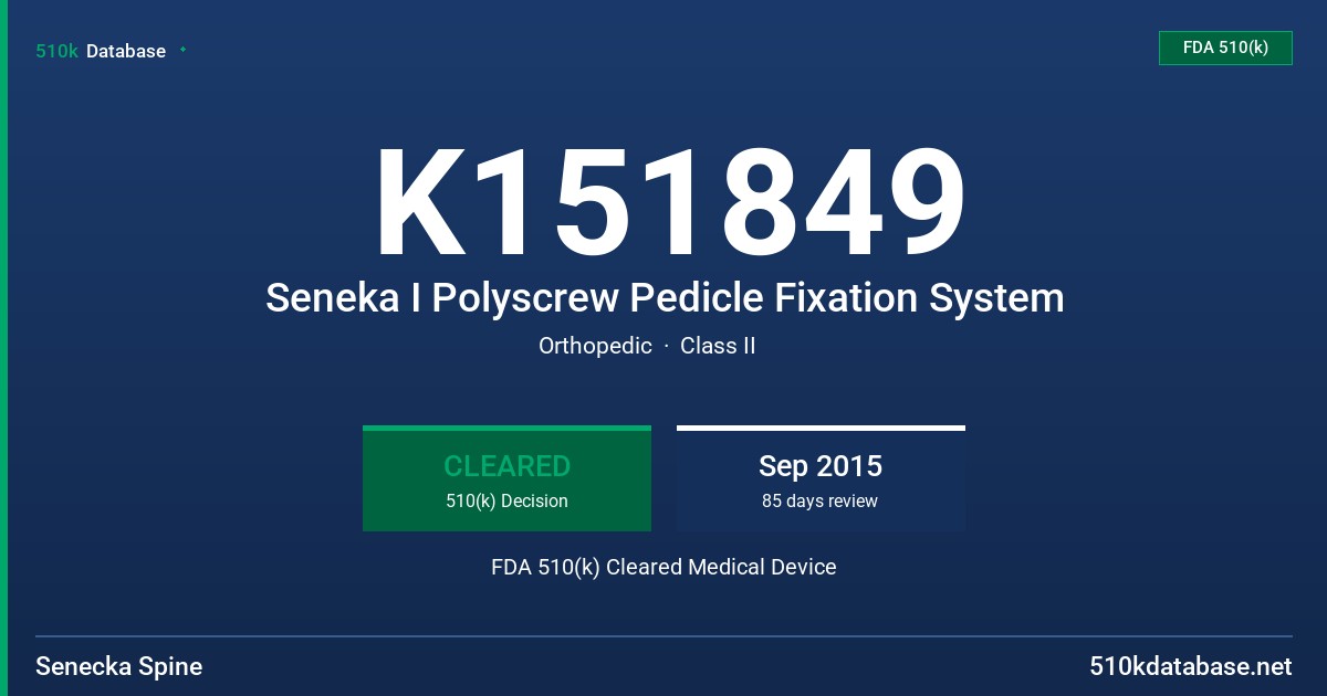 K151849 Seneka I Polyscrew Pedicle Fixation System FDA 510(k) Cleared Medical Device