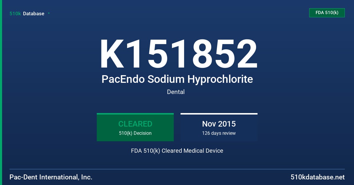 K151852 PacEndo Sodium Hyprochlorite FDA 510(k) Cleared Medical Device