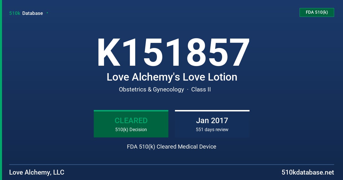 K151857 Love Alchemy's Love Lotion FDA 510(k) Cleared Medical Device