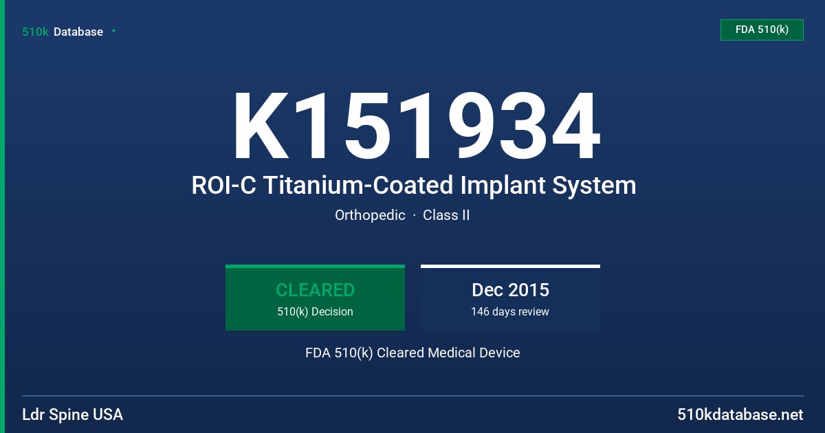K151934 ROI-C Titanium-Coated Implant System FDA 510(k) Cleared Medical Device