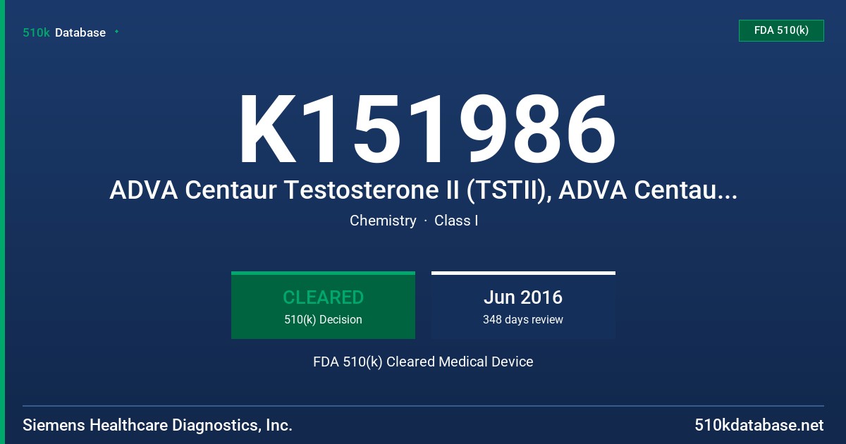 K151986 ADVA Centaur Testosterone II (TSTII), ADVA Centaur Testosterone II (TSTII) Master Curve Material, ADVIA Centaur SHBG, ADVIA Centaur SHBG Calibrator, ADVIA Centaur SHBG Master Curve Material FDA 510(k) Cleared Medical Device