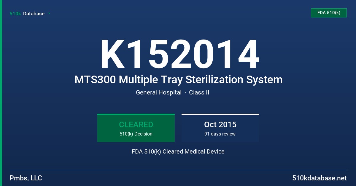 K152014 MTS300 Multiple Tray Sterilization System FDA 510(k) Cleared Medical Device