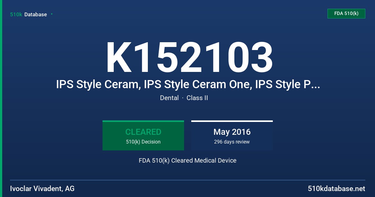 K152103 IPS Style Ceram, IPS Style Ceram One, IPS Style Press FDA 510(k) Cleared Medical Device