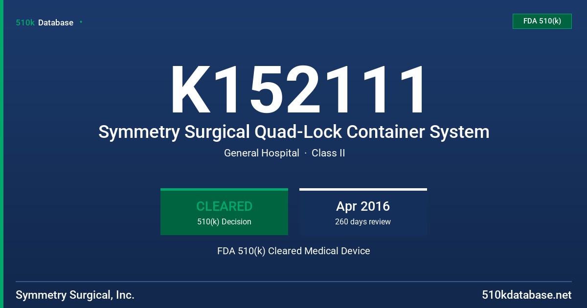 K152111 Symmetry Surgical Quad-Lock Container System FDA 510(k) Cleared Medical Device
