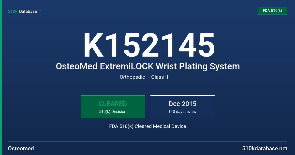 K152145 OsteoMed ExtremiLOCK Wrist Plating System FDA 510(k) Cleared Medical Device