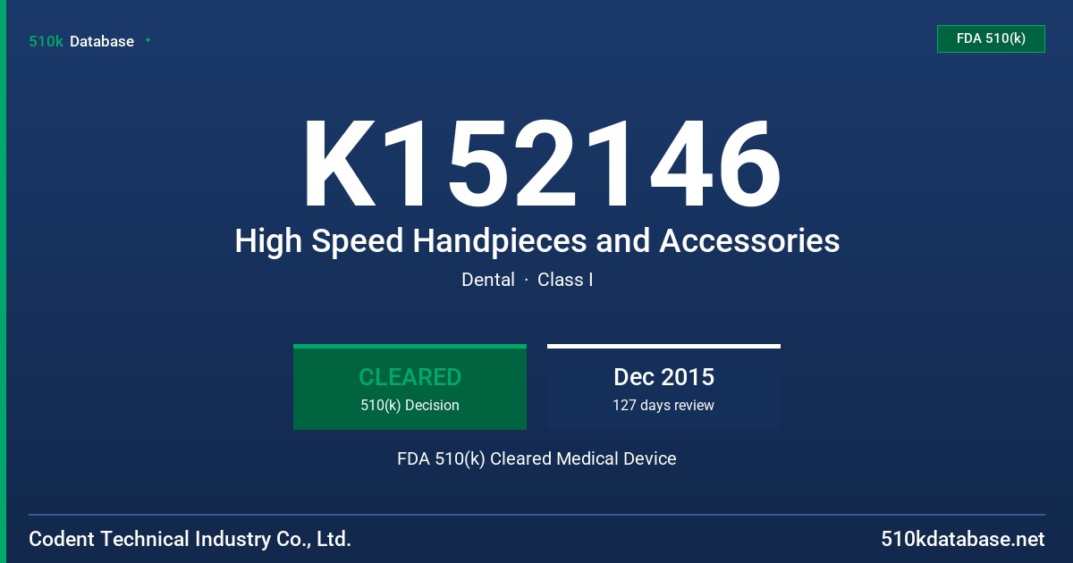K152146 High Speed Handpieces and Accessories FDA 510(k) Cleared Medical Device