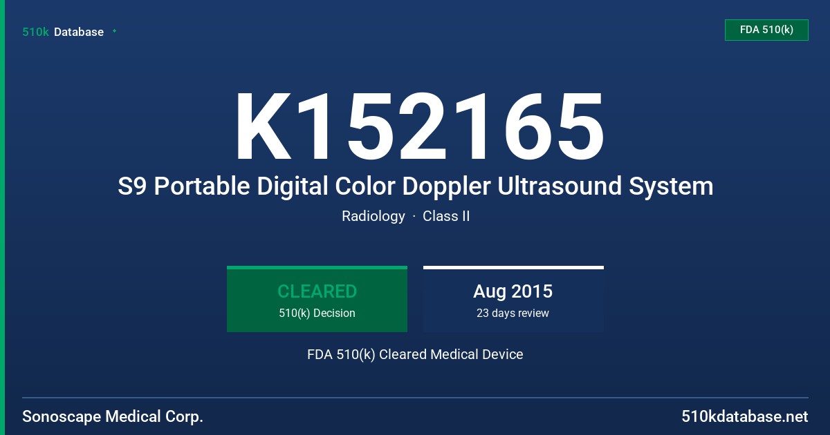 K152165 S9 Portable Digital Color Doppler Ultrasound System FDA 510(k) Cleared Medical Device