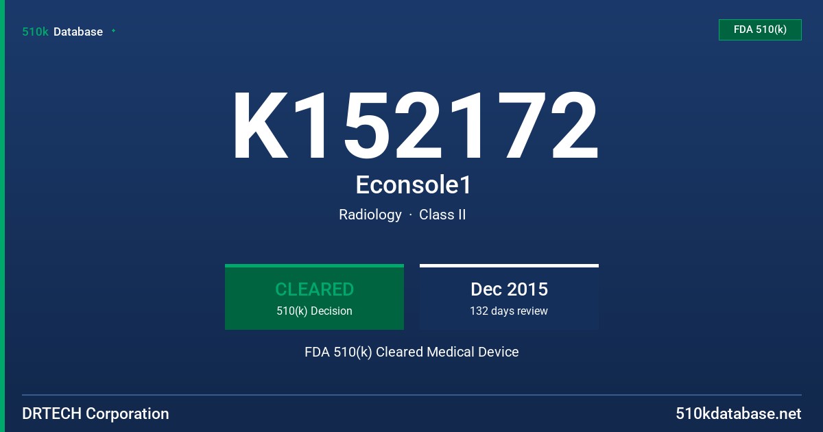 K152172 Econsole1 FDA 510(k) Cleared Medical Device