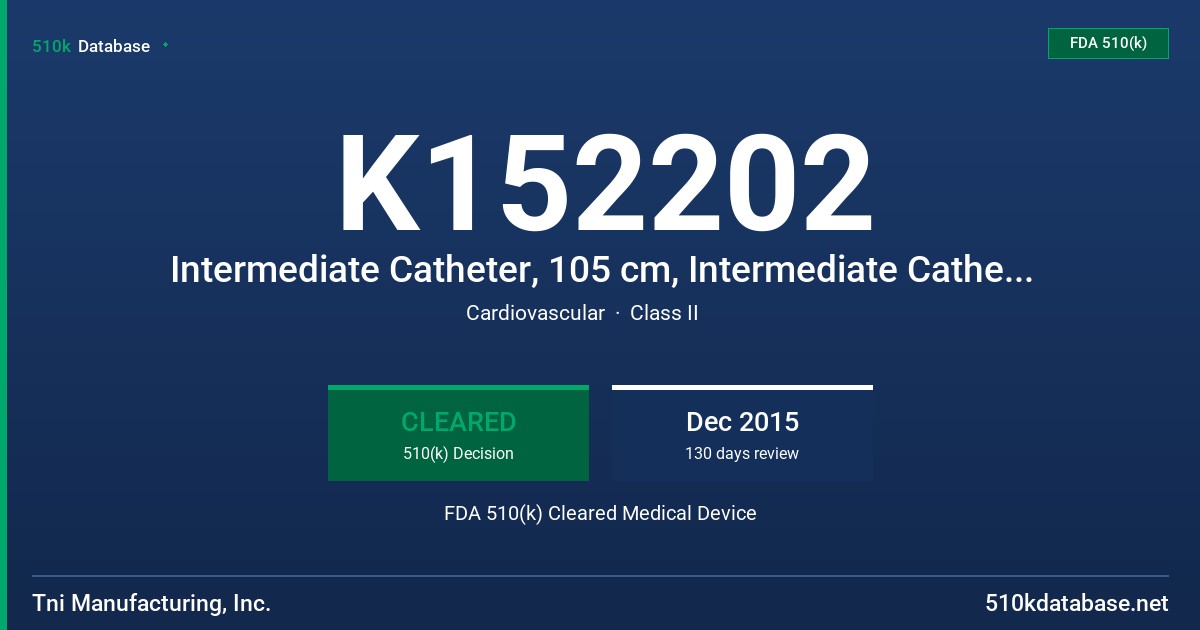 K152202 Intermediate Catheter, 105 cm, Intermediate Catheter, 115cm, Intermediate Catheter , 125cm FDA 510(k) Cleared Medical Device
