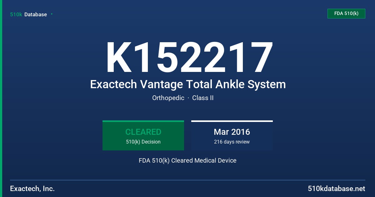 K152217 Exactech Vantage Total Ankle System FDA 510(k) Cleared Medical Device