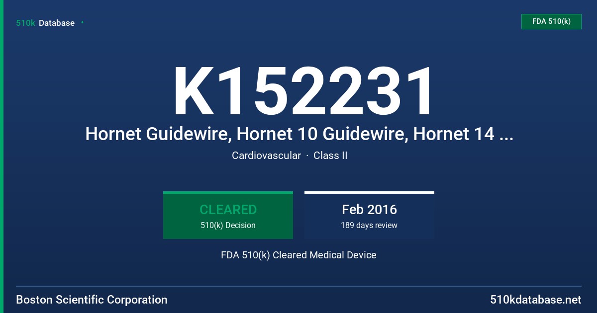 K152231 Hornet Guidewire, Hornet 10 Guidewire, Hornet 14 Guidewire FDA 510(k) Cleared Medical Device
