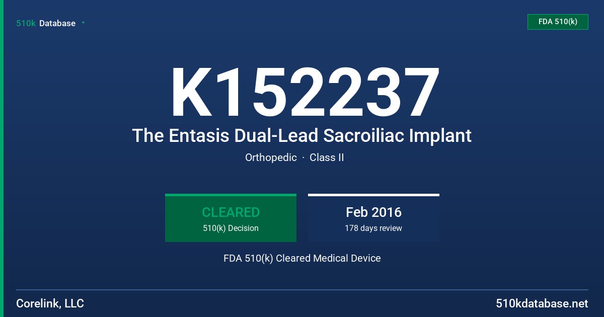 K152237 The Entasis Dual-Lead Sacroiliac Implant FDA 510(k) Cleared Medical Device