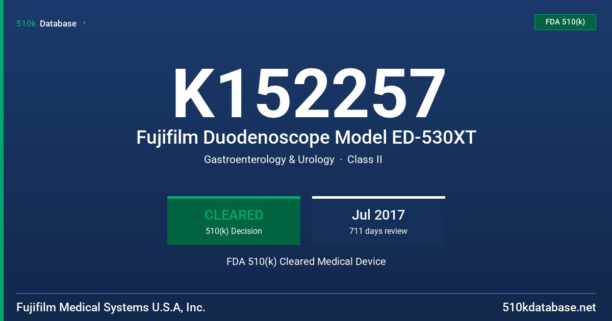 K152257 Fujifilm Duodenoscope Model ED-530XT FDA 510(k) Cleared Medical Device
