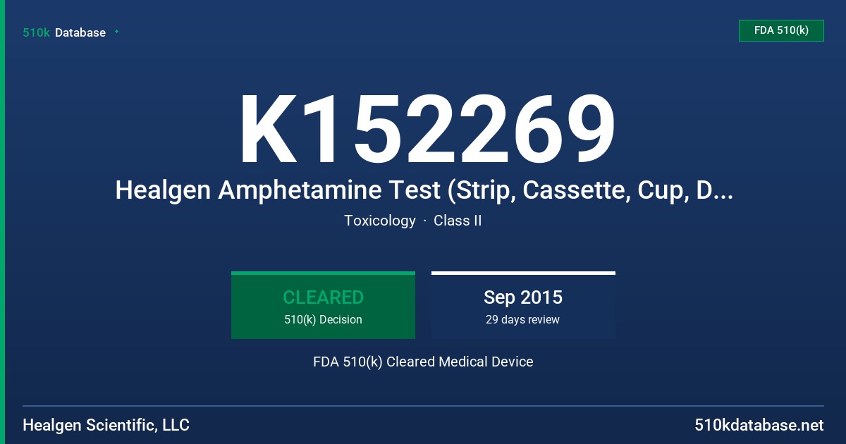 K152269 Healgen Amphetamine Test (Strip, Cassette, Cup, Dip Card), Healgen Cocaine Test (Strip, Cassette, Cup, Dip Card), Healgen Methamphetamine Test (Strip, Cassette, Cup, Dip Card) FDA 510(k) Cleared Medical Device