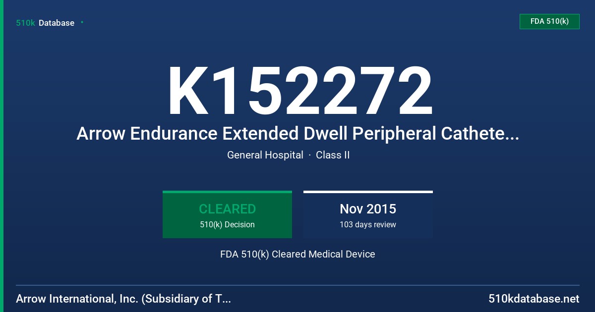 K152272 Arrow Endurance Extended Dwell Peripheral Catheter System FDA 510(k) Cleared Medical Device