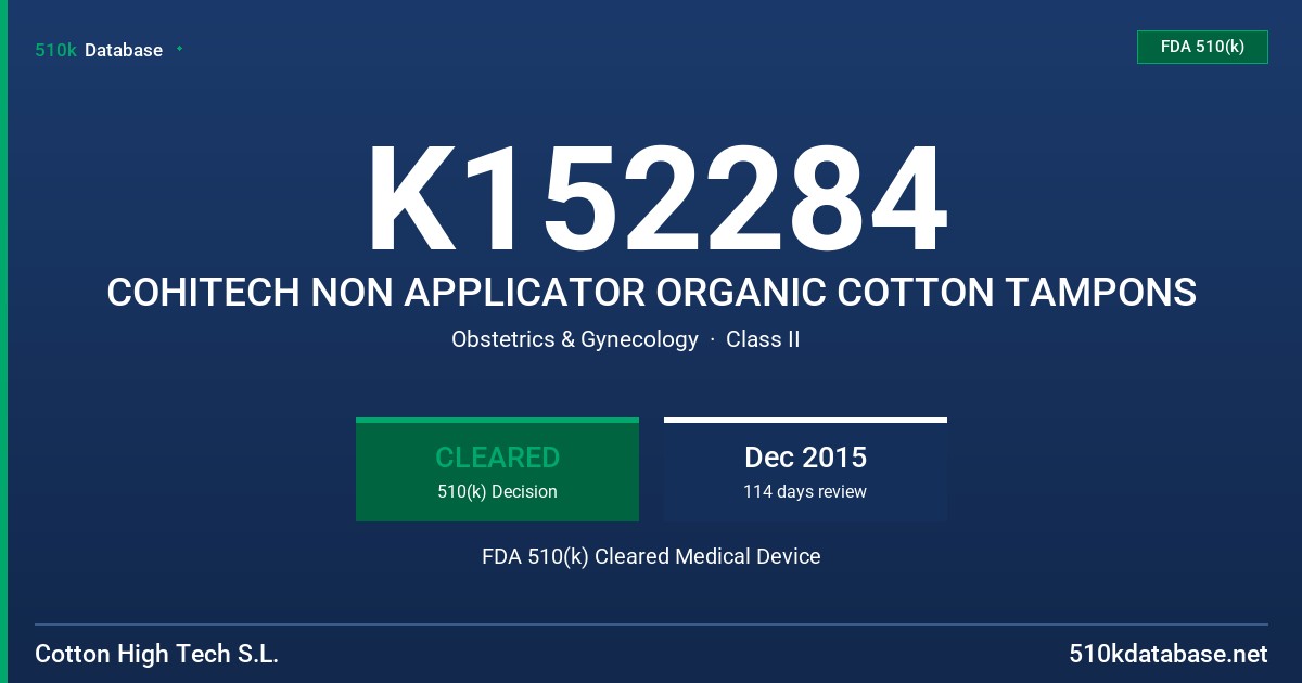 K152284 COHITECH NON APPLICATOR ORGANIC COTTON TAMPONS FDA 510(k) Cleared Medical Device