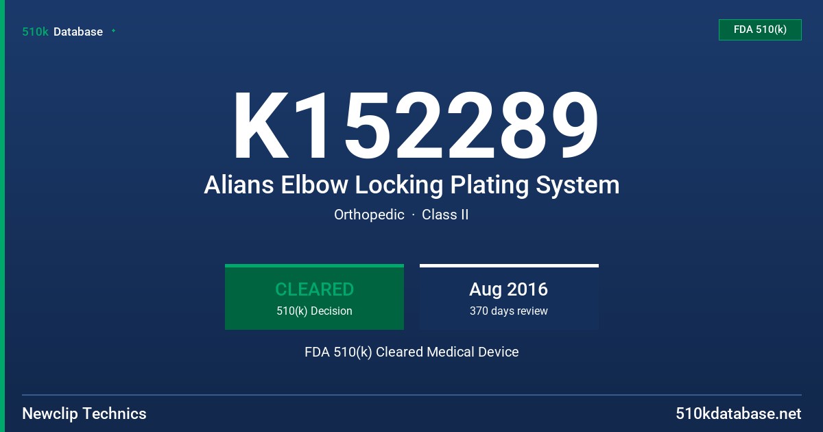 K152289 Alians Elbow Locking Plating System FDA 510(k) Cleared Medical Device