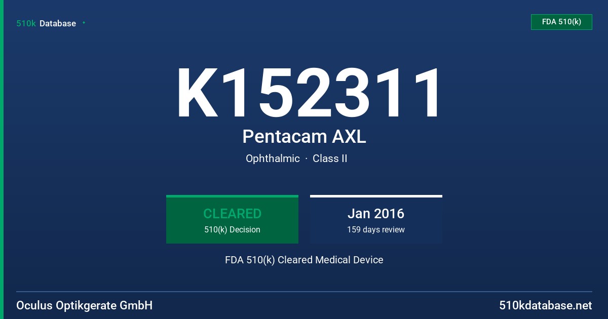 K152311 Pentacam AXL FDA 510(k) Cleared Medical Device