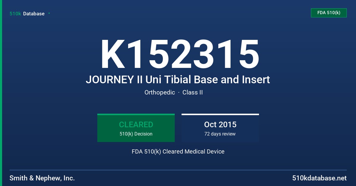K152315 JOURNEY II Uni Tibial Base and Insert FDA 510(k) Cleared Medical Device