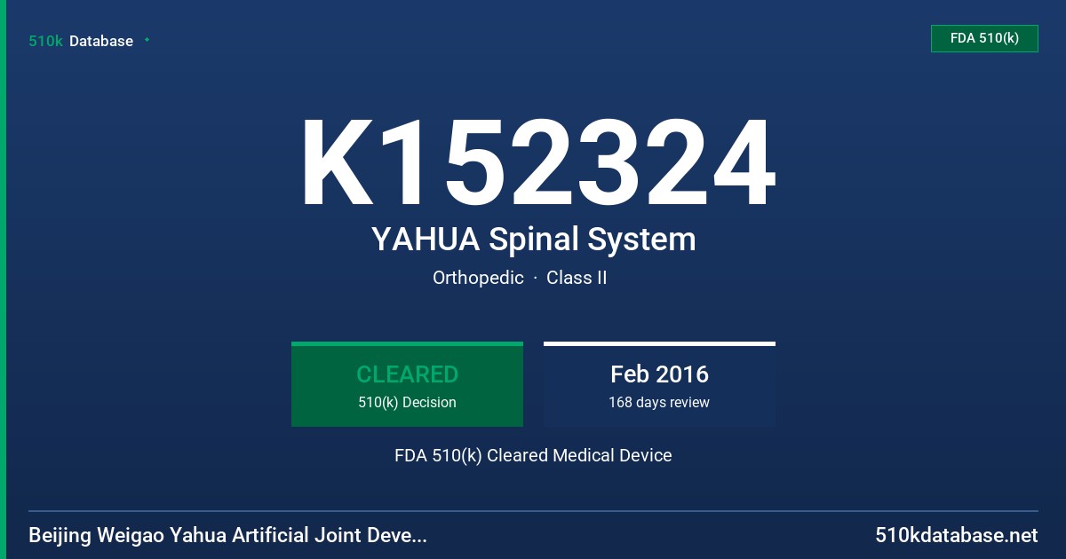 K152324 YAHUA Spinal System FDA 510(k) Cleared Medical Device