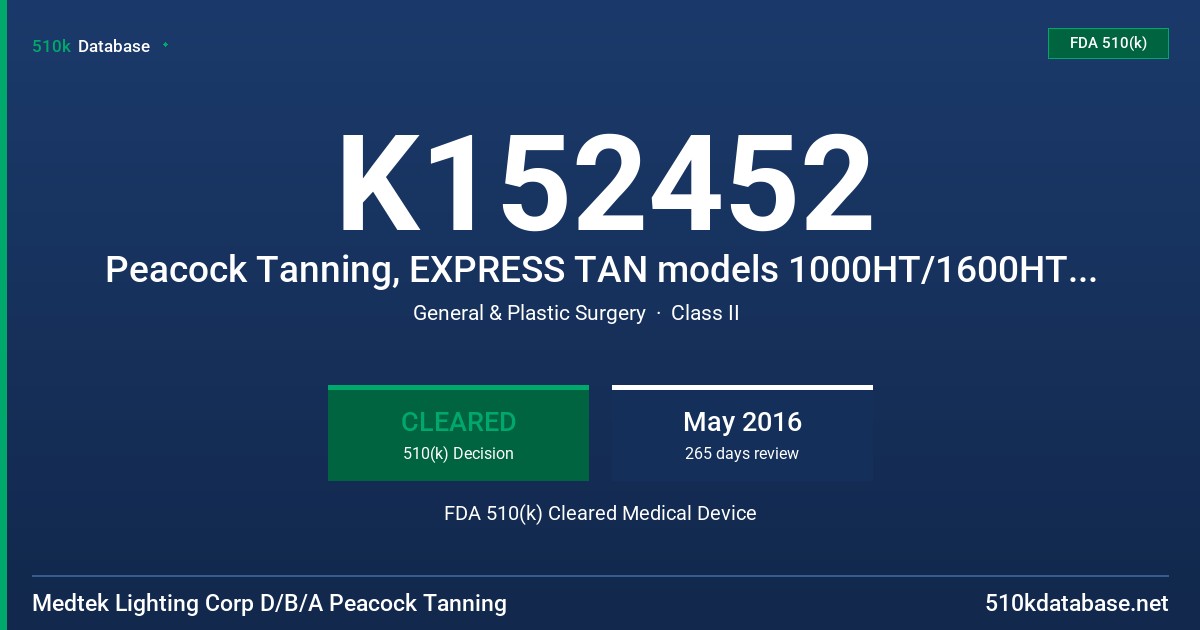 K152452 Peacock Tanning, EXPRESS TAN models 1000HT/1600HT/2000CT/2000HT/3200 FDA 510(k) Cleared Medical Device