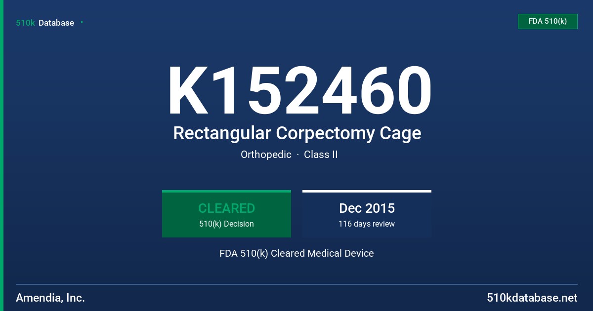 K152460 Rectangular Corpectomy Cage FDA 510(k) Cleared Medical Device