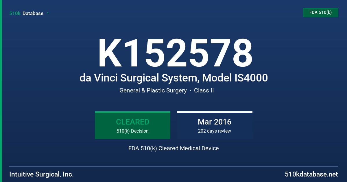 K152578 da Vinci Surgical System, Model IS4000 FDA 510(k) Cleared Medical Device