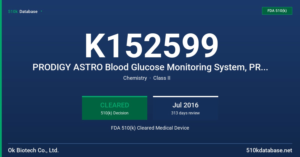 K152599 PRODIGY ASTRO Blood Glucose Monitoring System, PRODIGY ASTRO PRO Blood Glucose Monitoring System FDA 510(k) Cleared Medical Device