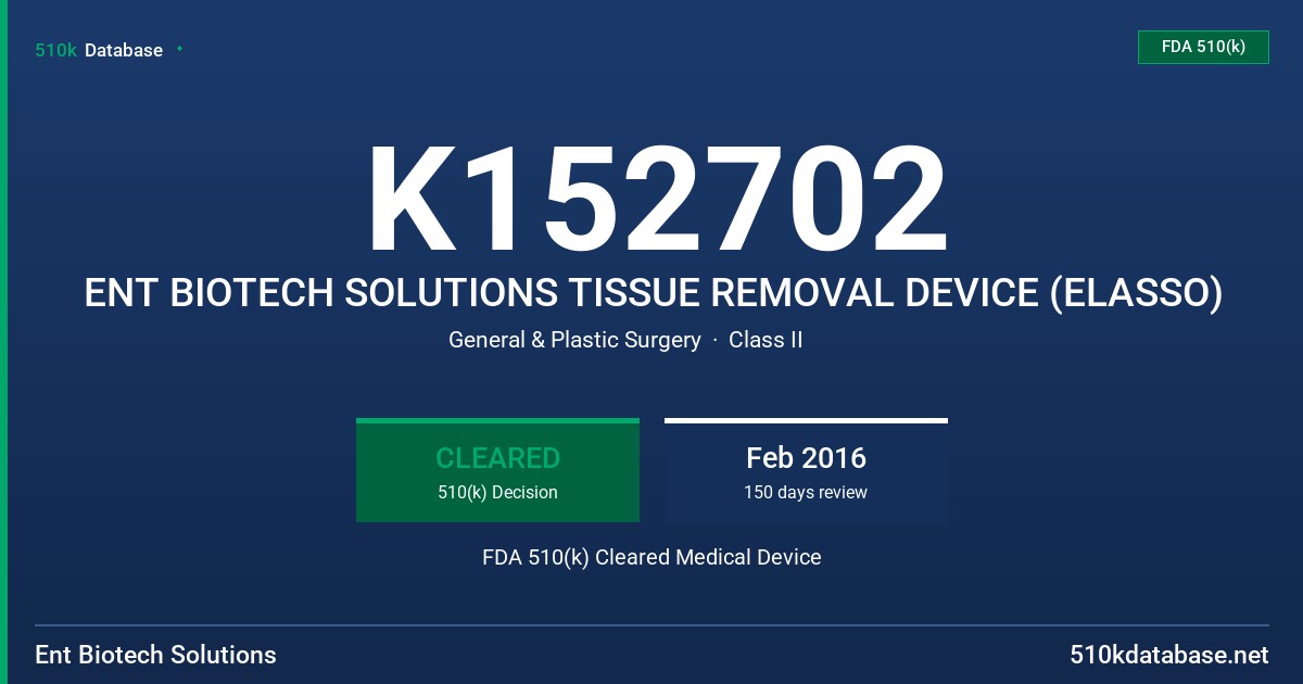 K152702 ENT BIOTECH SOLUTIONS TISSUE REMOVAL DEVICE (ELASSO) FDA 510(k) Cleared Medical Device