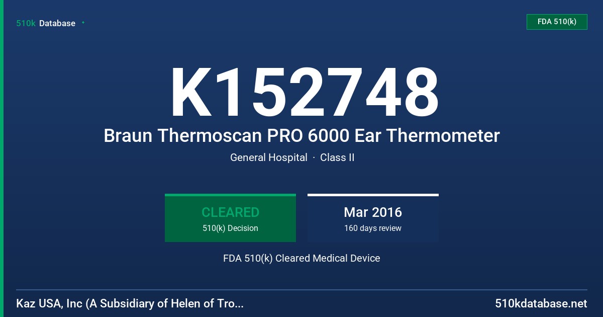 K152748 Braun Thermoscan PRO 6000 Ear Thermometer FDA 510(k) Cleared Medical Device