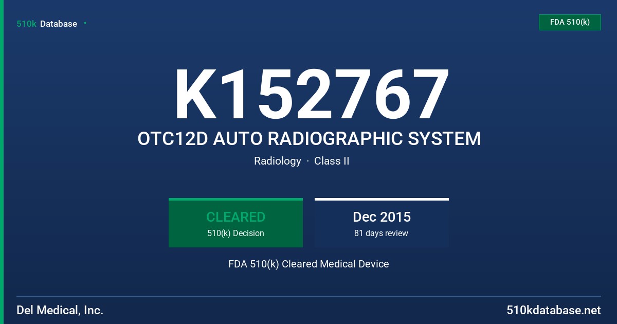 K152767 OTC12D AUTO RADIOGRAPHIC SYSTEM FDA 510(k) Cleared Medical Device