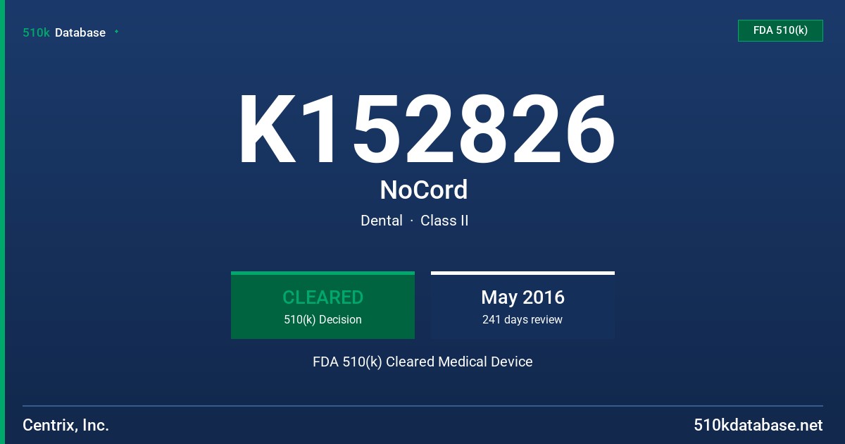 K152826 NoCord FDA 510(k) Cleared Medical Device