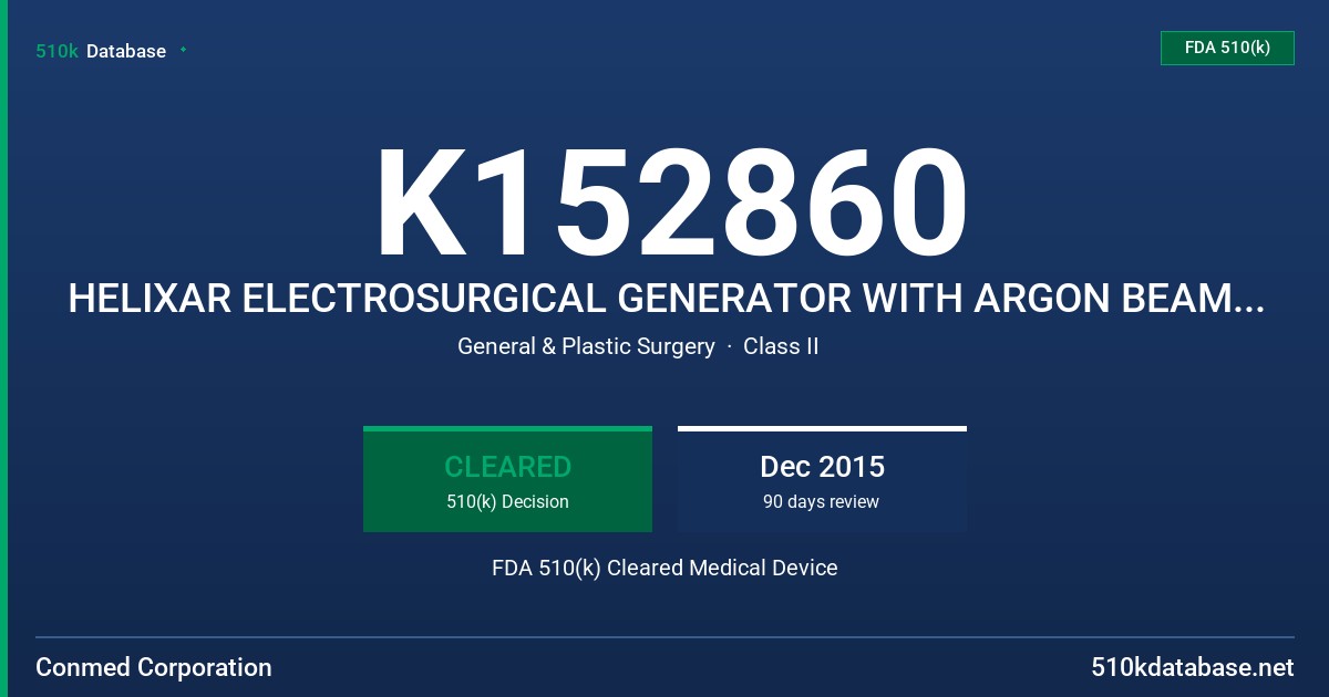 K152860 HELIXAR ELECTROSURGICAL GENERATOR WITH ARGON BEAM COAGULATION, HELIXAR MOBILE PEDESTAL FDA 510(k) Cleared Medical Device