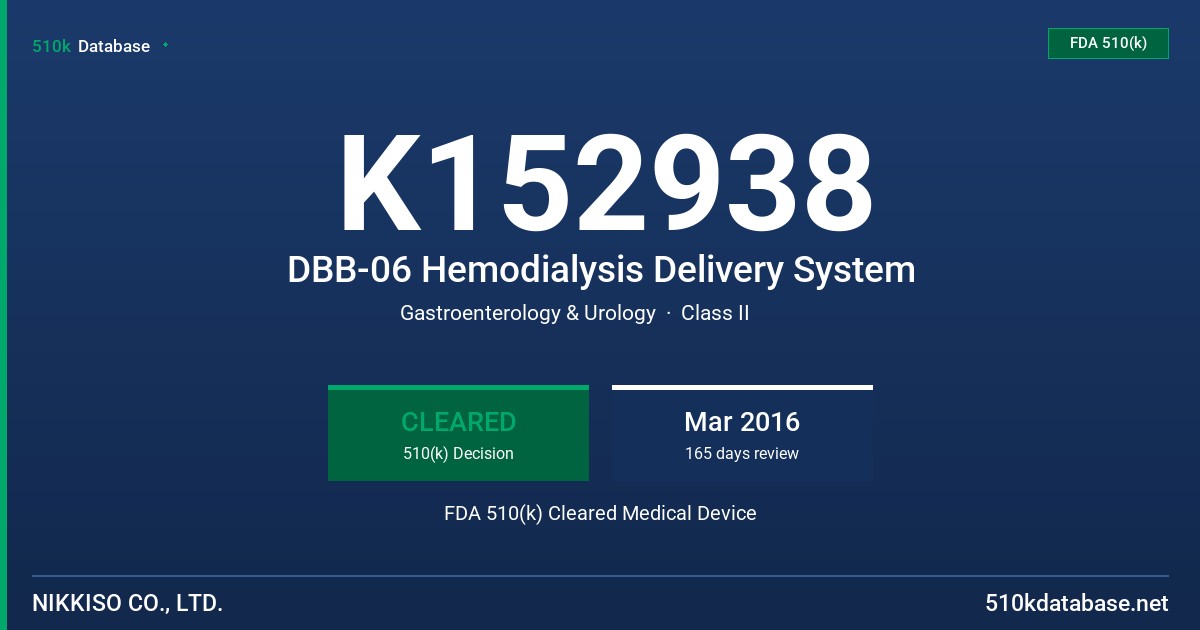 K152938 DBB-06 Hemodialysis Delivery System FDA 510(k) Cleared Medical Device