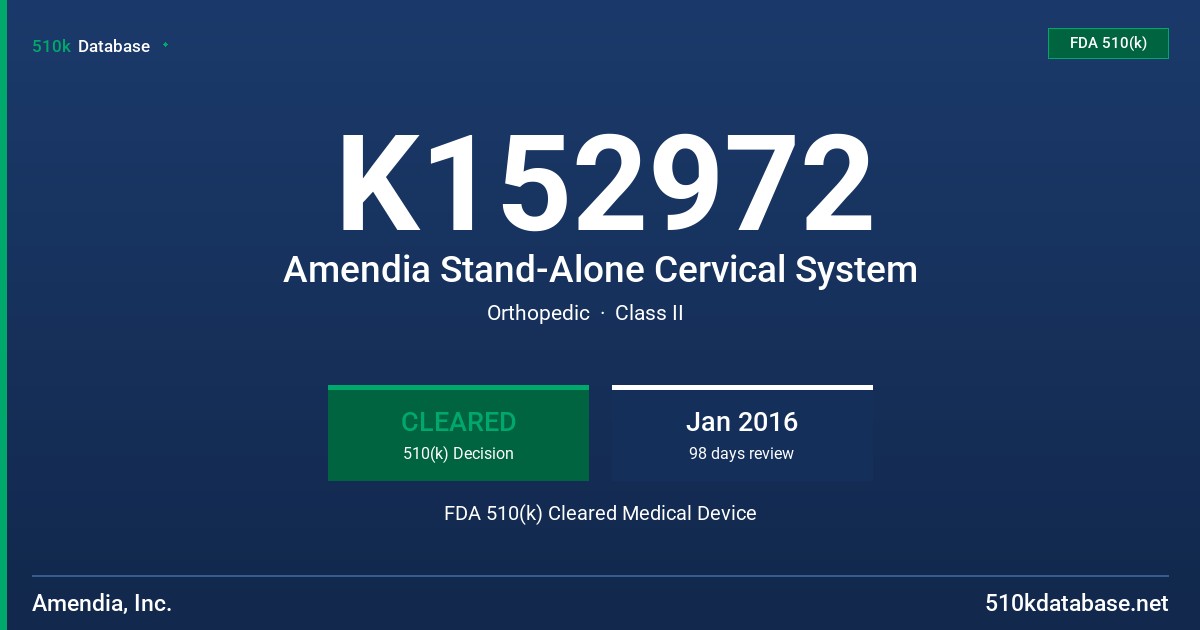 K152972 Amendia Stand-Alone Cervical System FDA 510(k) Cleared Medical Device