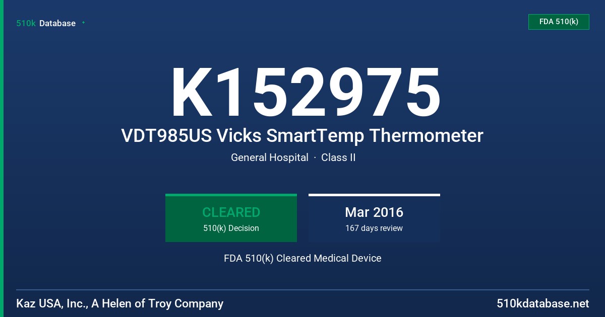 K152975 VDT985US Vicks SmartTemp Thermometer FDA 510(k) Cleared Medical Device
