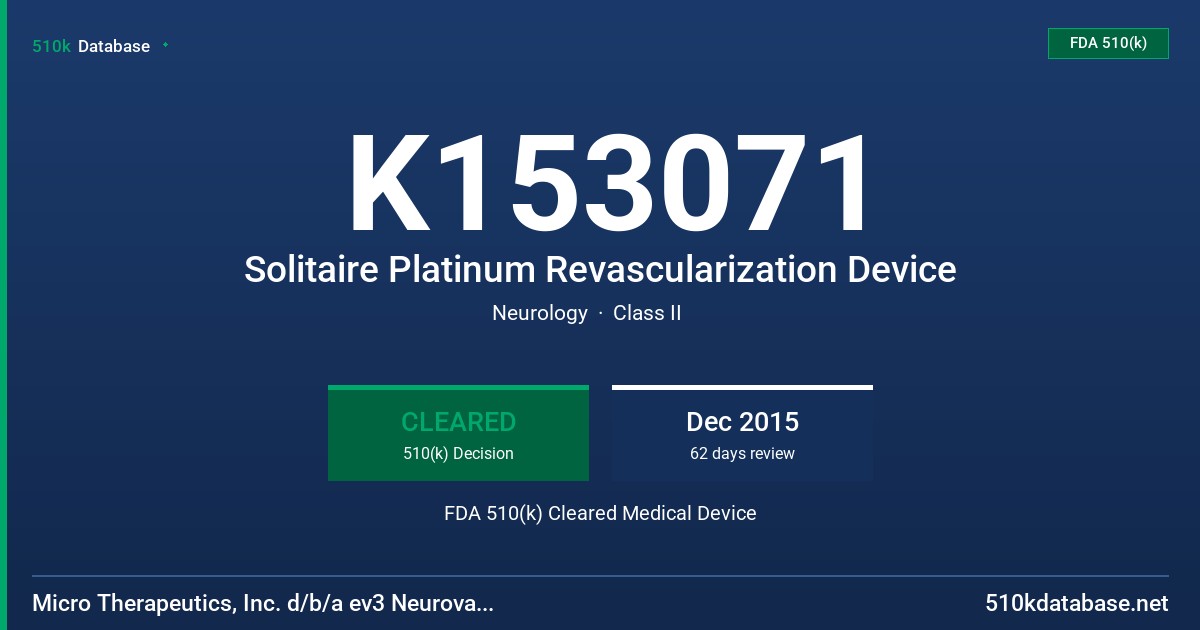 K153071 Solitaire Platinum Revascularization Device FDA 510(k) Cleared Medical Device
