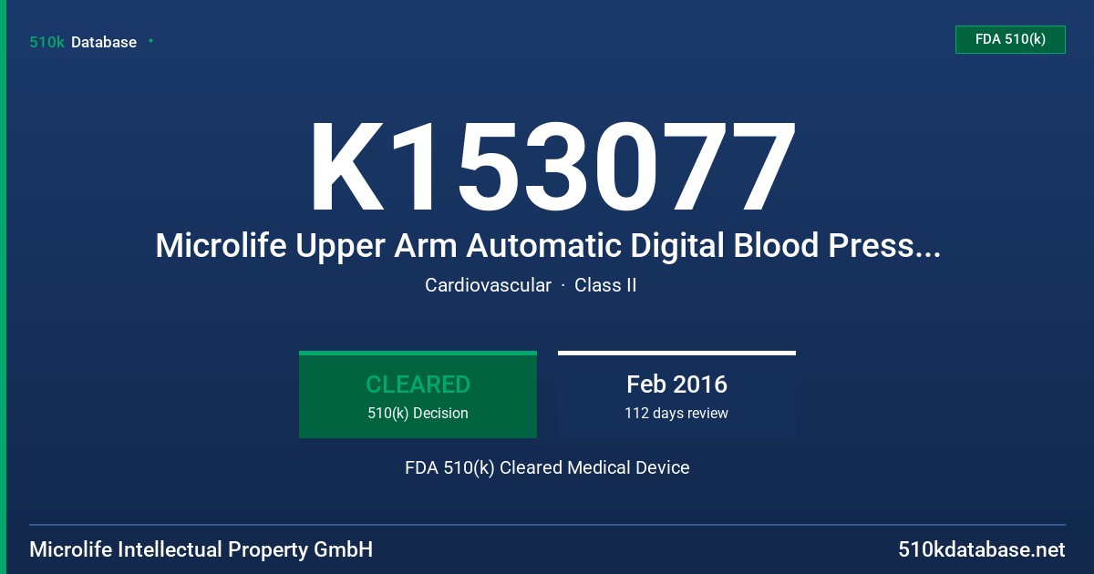 K153077 Microlife Upper Arm Automatic Digital Blood Pressure Monitor FDA 510(k) Cleared Medical Device