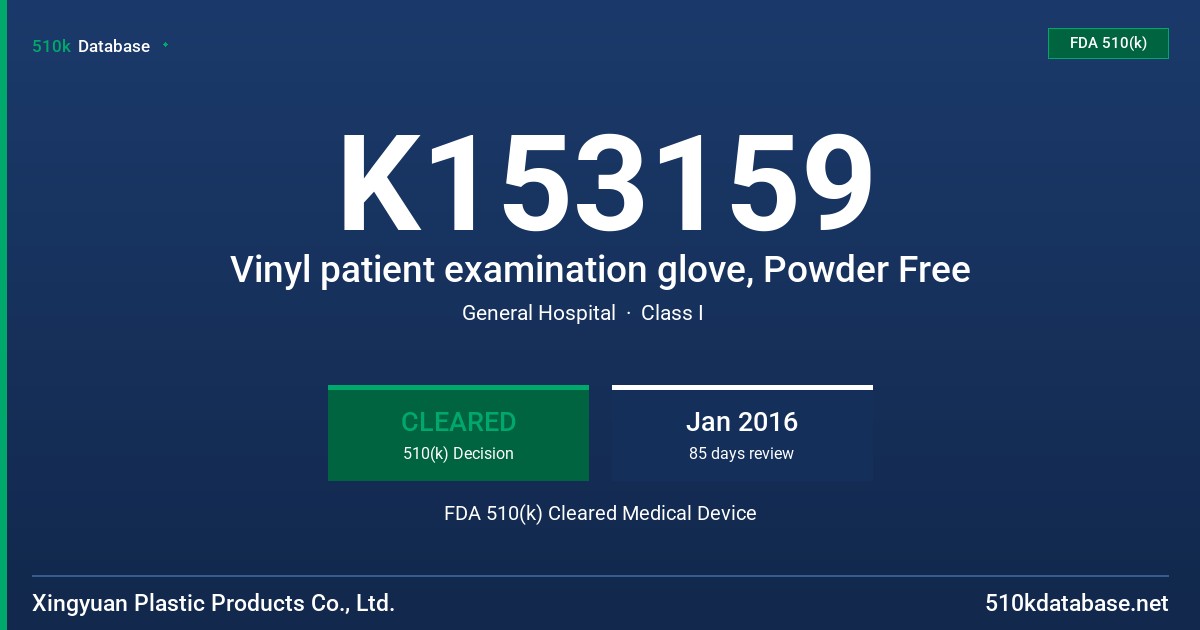 K153159 Vinyl patient examination glove, Powder Free FDA 510(k) Cleared Medical Device