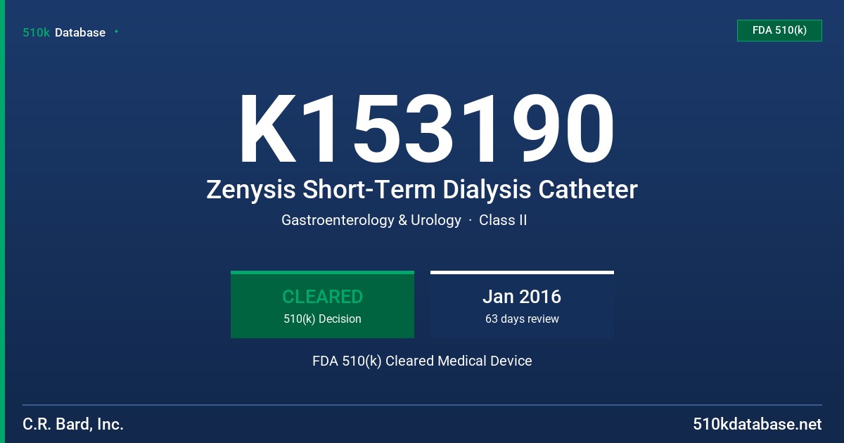 K153190 Zenysis Short-Term Dialysis Catheter FDA 510(k) Cleared Medical Device