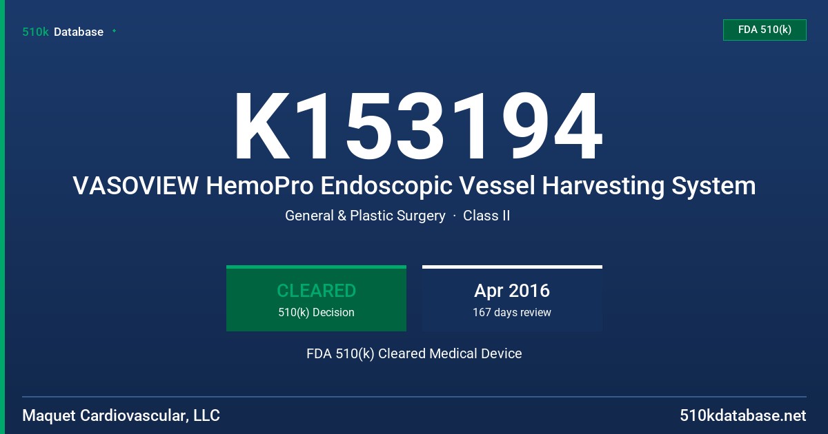 K153194 VASOVIEW HemoPro Endoscopic Vessel Harvesting System FDA 510(k) Cleared Medical Device