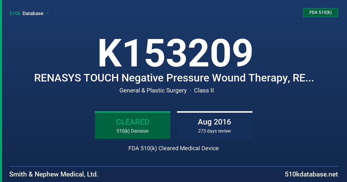K153209 RENASYS TOUCH Negative Pressure Wound Therapy, RENASYS TOUCH Canisters,  RENASYS TOUCH Carry Bag, Carry Strap, RENASYS Y-Connector, RENASYS TOUCH IV Pole/Bed Clamp, RENASYS TOUCH Class 2 Power Supply FDA 510(k) Cleared Medical Device