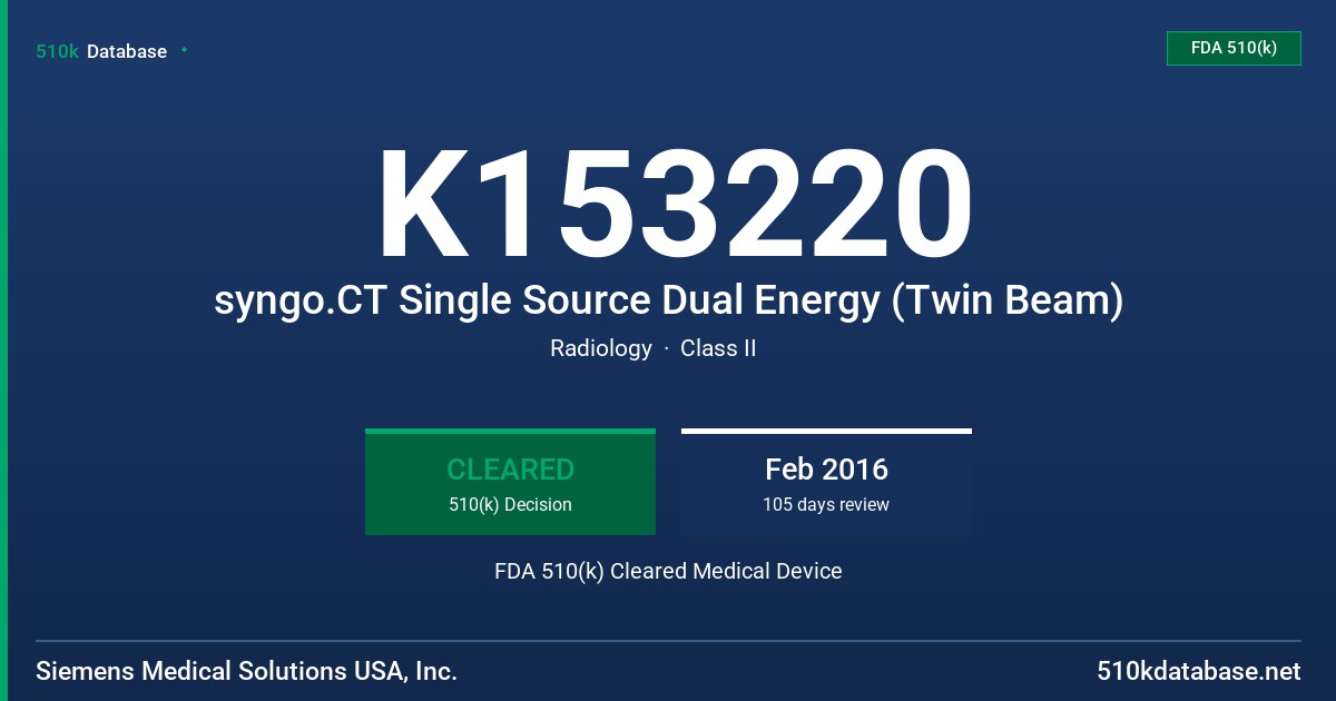 K153220 syngo.CT Single Source Dual Energy (Twin Beam) FDA 510(k) Cleared Medical Device