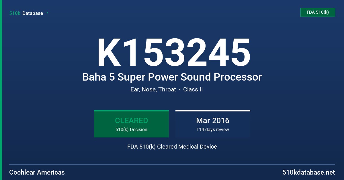 K153245 Baha 5 Super Power Sound Processor FDA 510(k) Cleared Medical Device