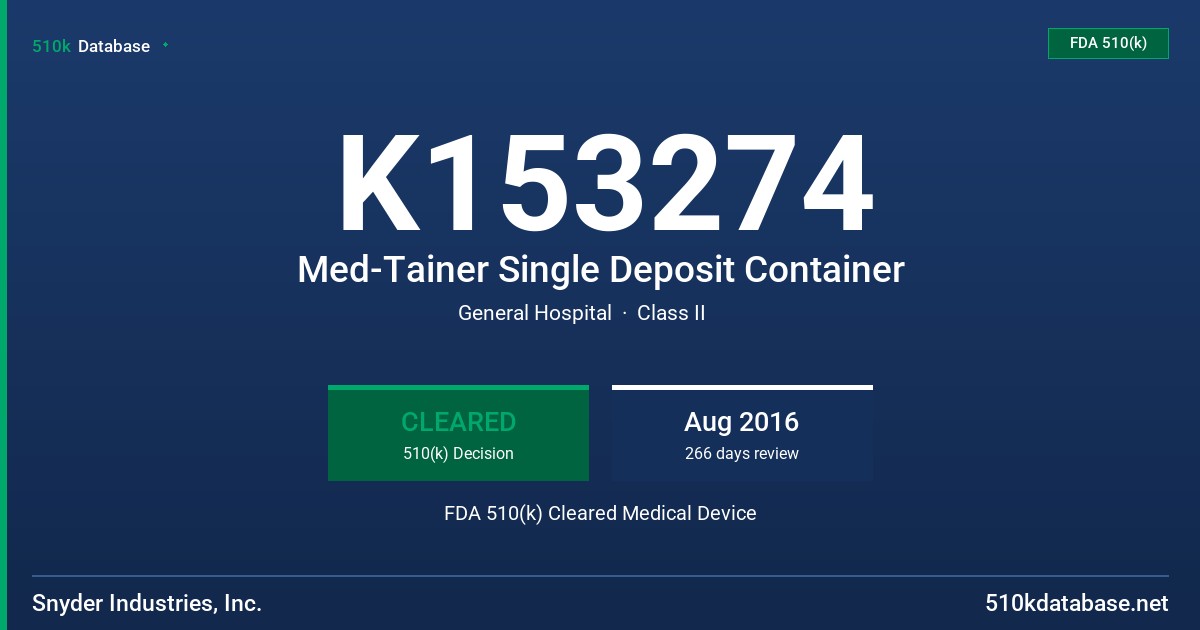 K153274 Med-Tainer Single Deposit Container FDA 510(k) Cleared Medical Device