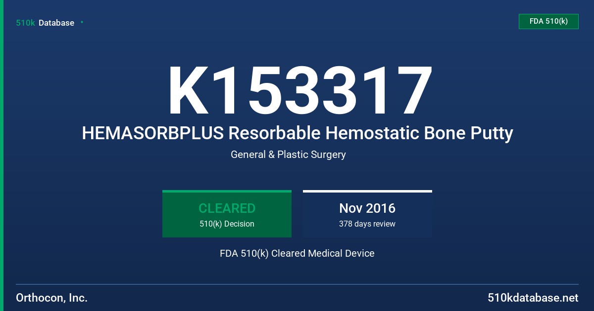 K153317 HEMASORBPLUS Resorbable Hemostatic Bone Putty FDA 510(k) Cleared Medical Device
