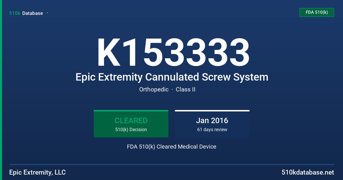 K153333 Epic Extremity Cannulated Screw System FDA 510(k) Cleared Medical Device